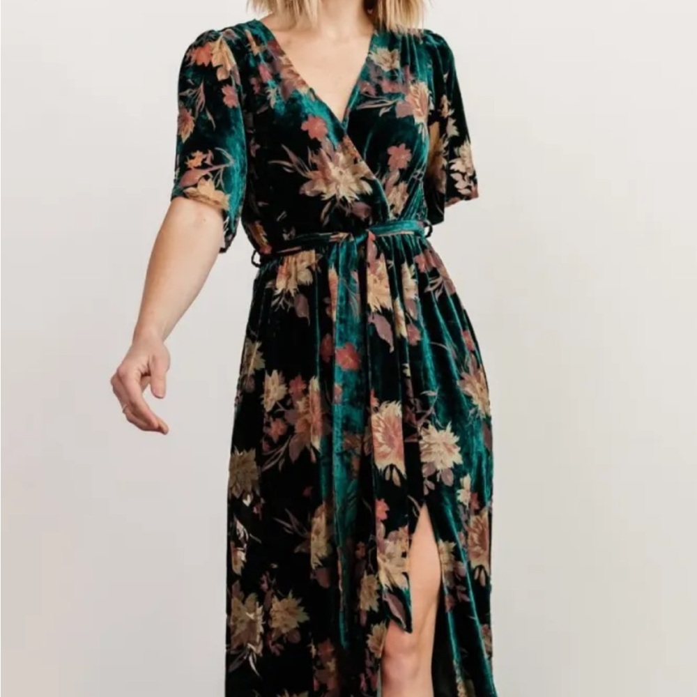 Baltic Born Green Floral Velvet Maxi Dress with Pink Flowers - Picture 2 of 12